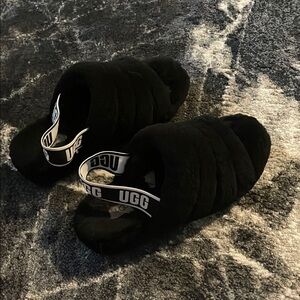 UGG Black Fluffy Slippers